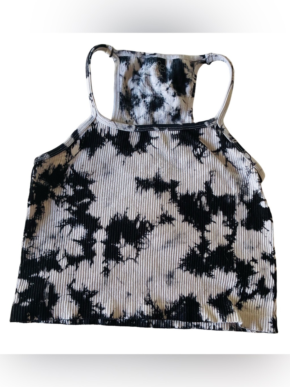Aura black & White Tie-Dye Ribbed Halter Crop Top women M/L